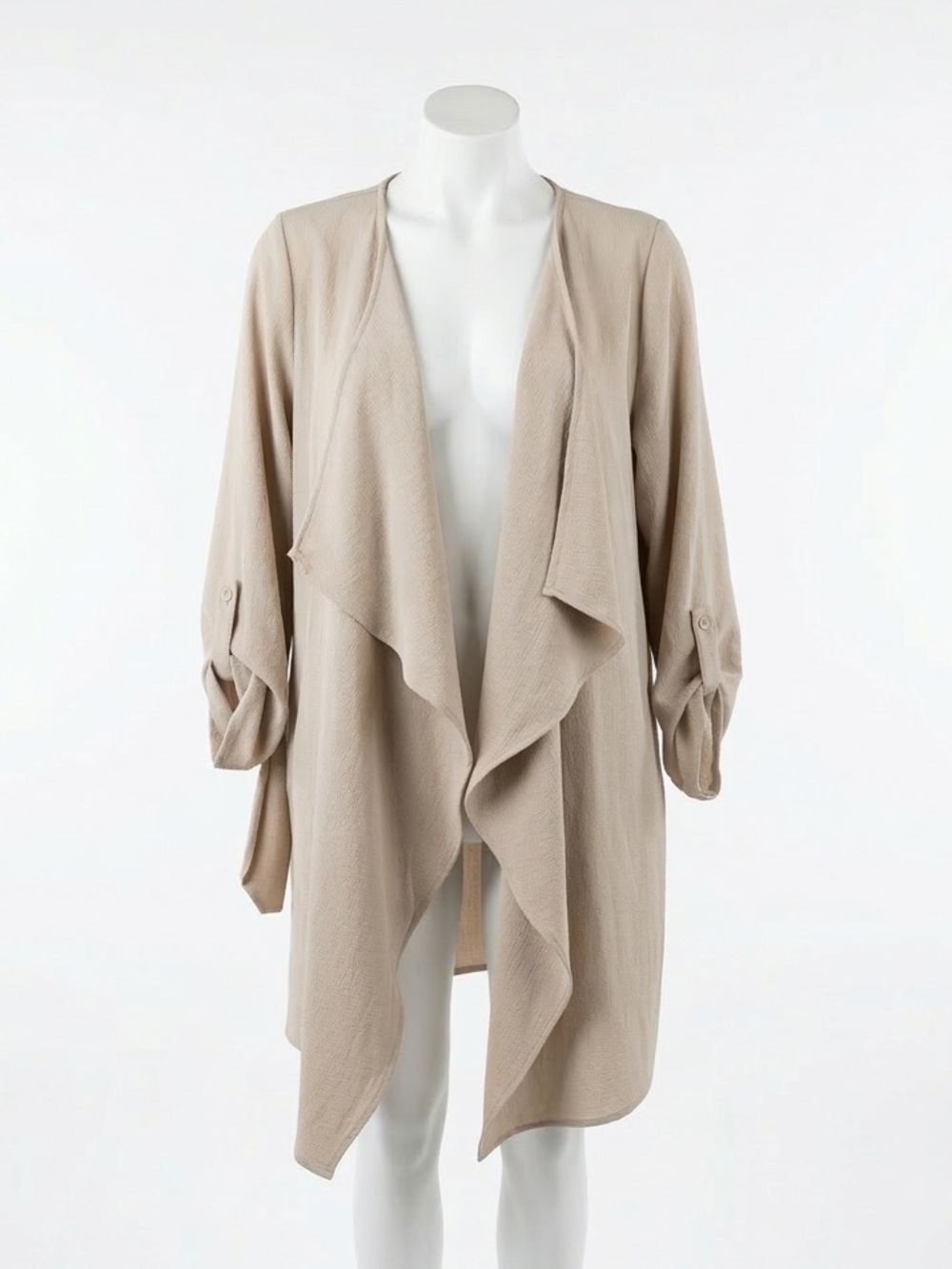 Timing Beige Draped Open Front Duster Cardigan Roll Tab S